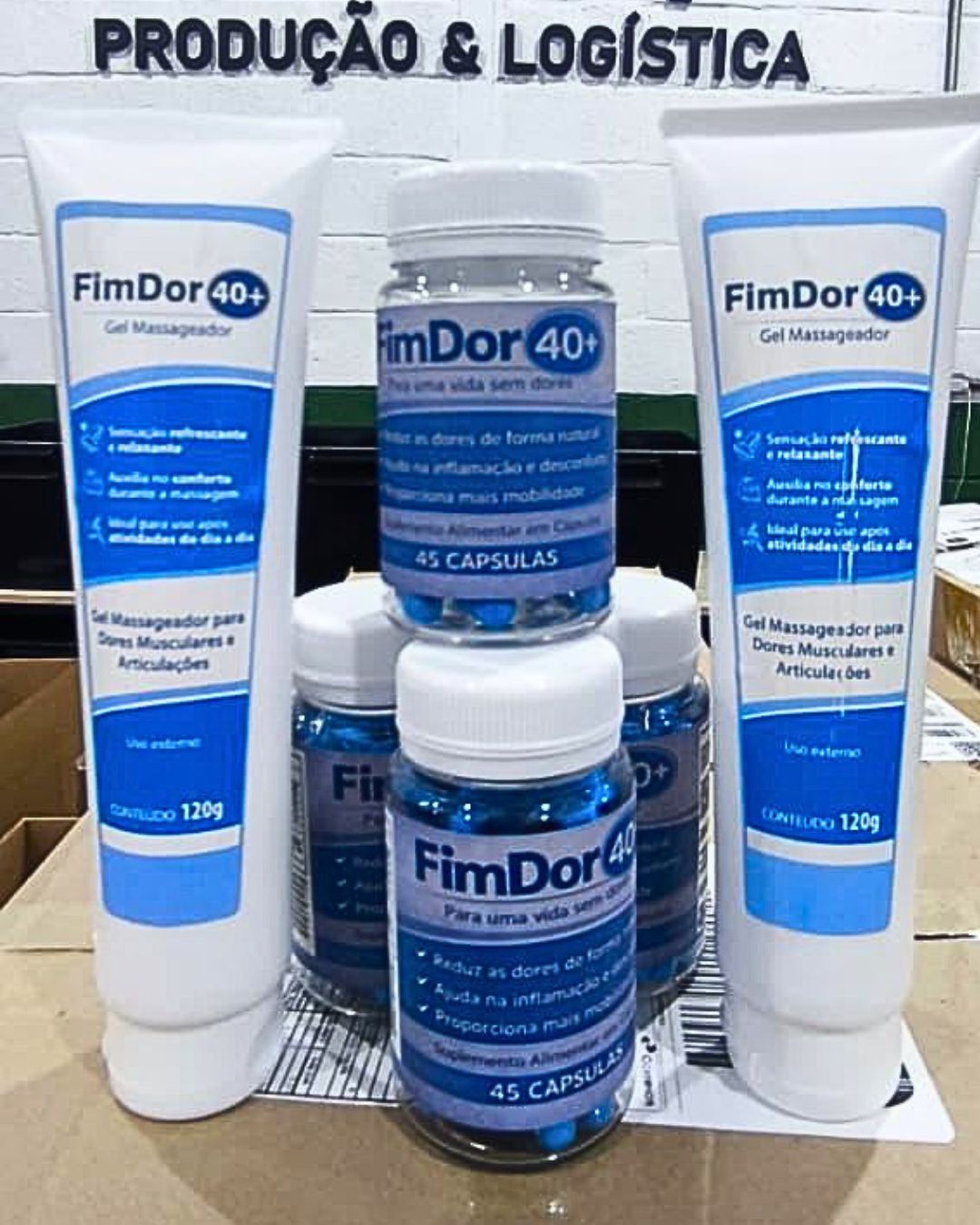 Foto real do FimDor 40+ com frascos e bisnagas na produção e logística